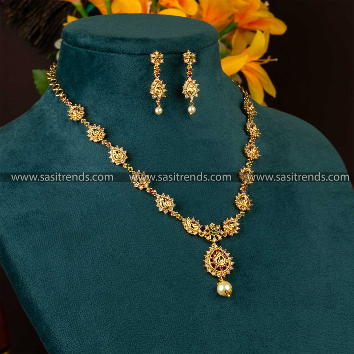 Sasitrends - Traditional Swan Motif Multi Color American Diamond Micro Gold Plated Jewellery Set