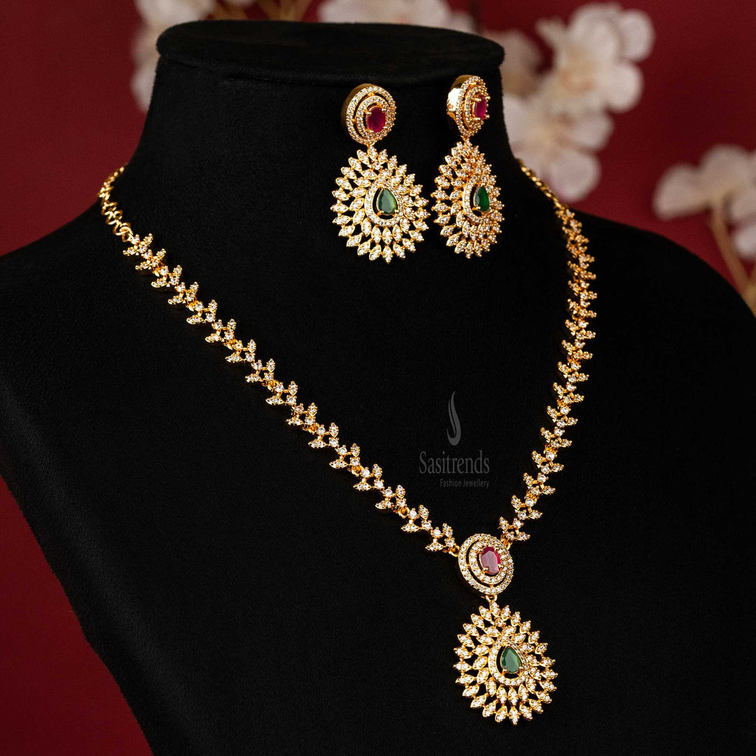 American Diamond (AD) jewellery set with marquise motifs and round stones micro gold plated jewellery set