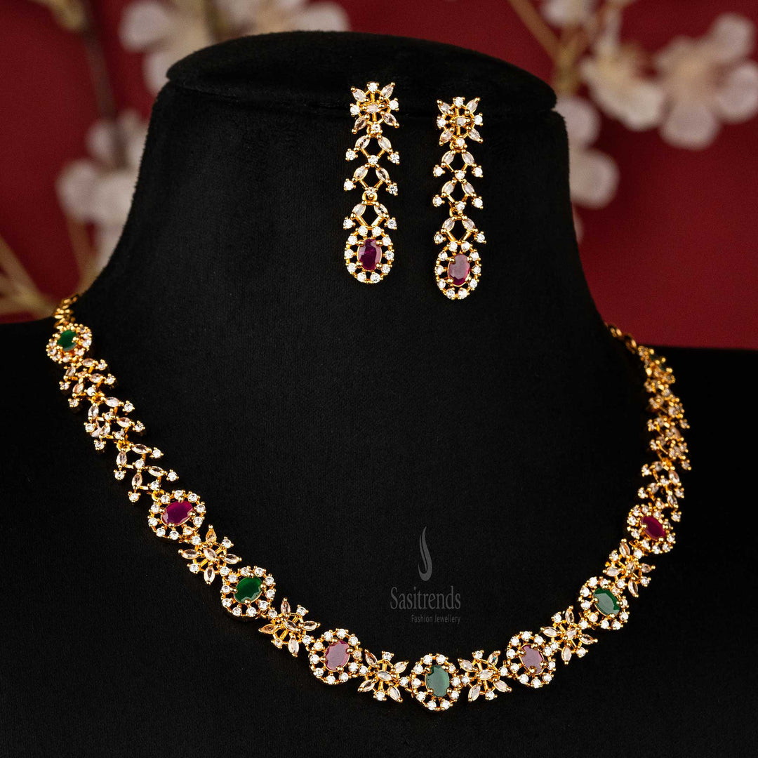 Stunning American Diamond jewellery set with marquise and multi-color stones