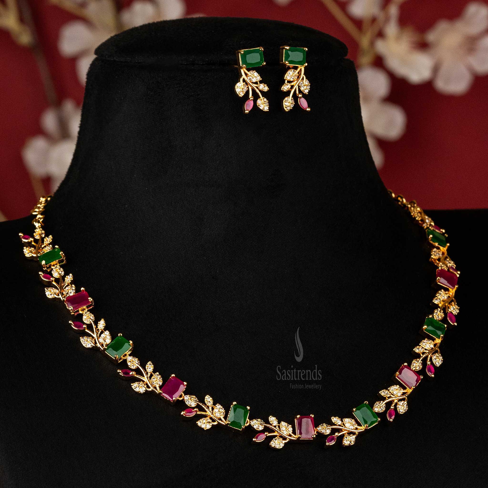 Exquisite AD jewellery set featuring floral accents and vibrant rectangular stones