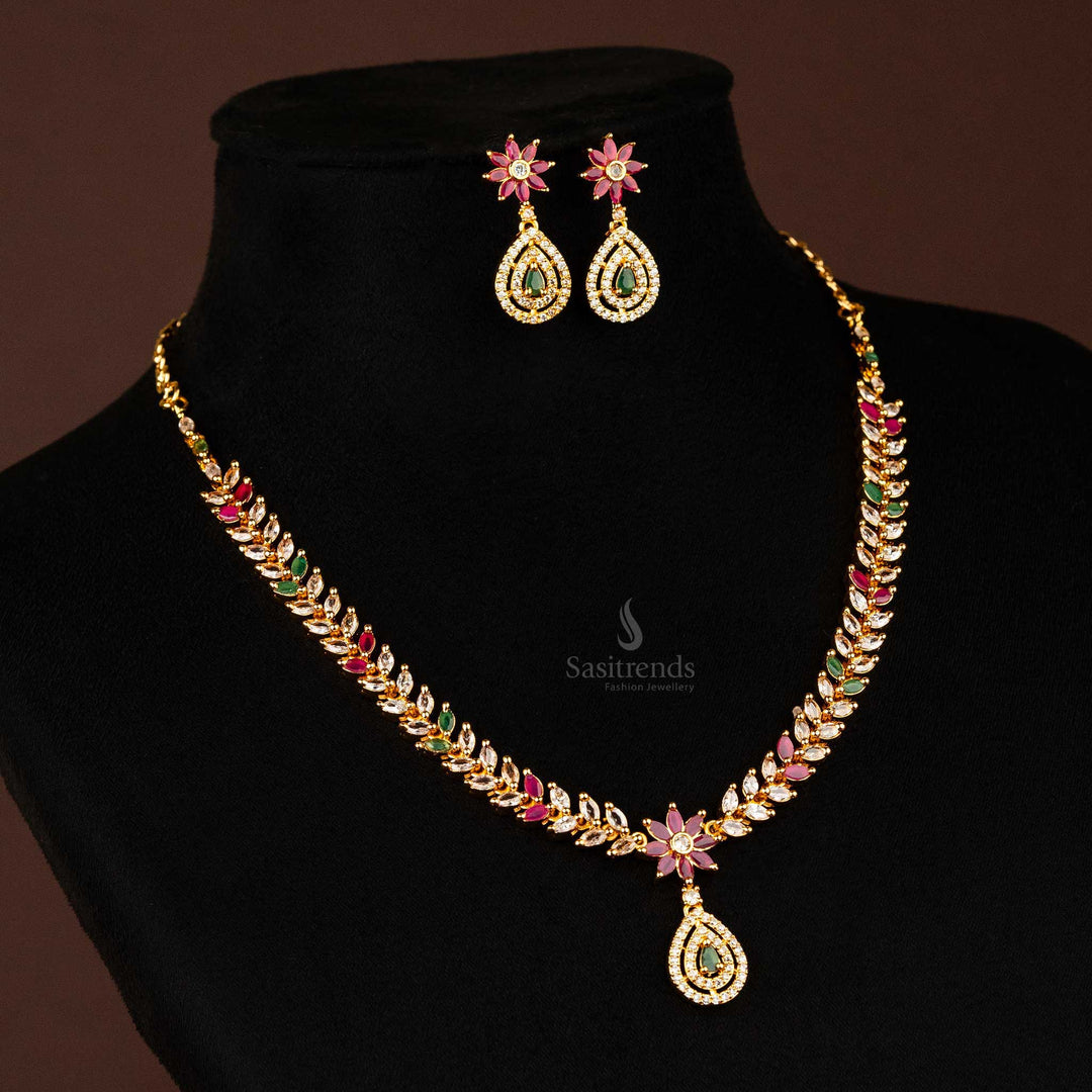 AD stone-studded one gram micro gold-plated jewellery set with waterdrop pendant - Sasitrends