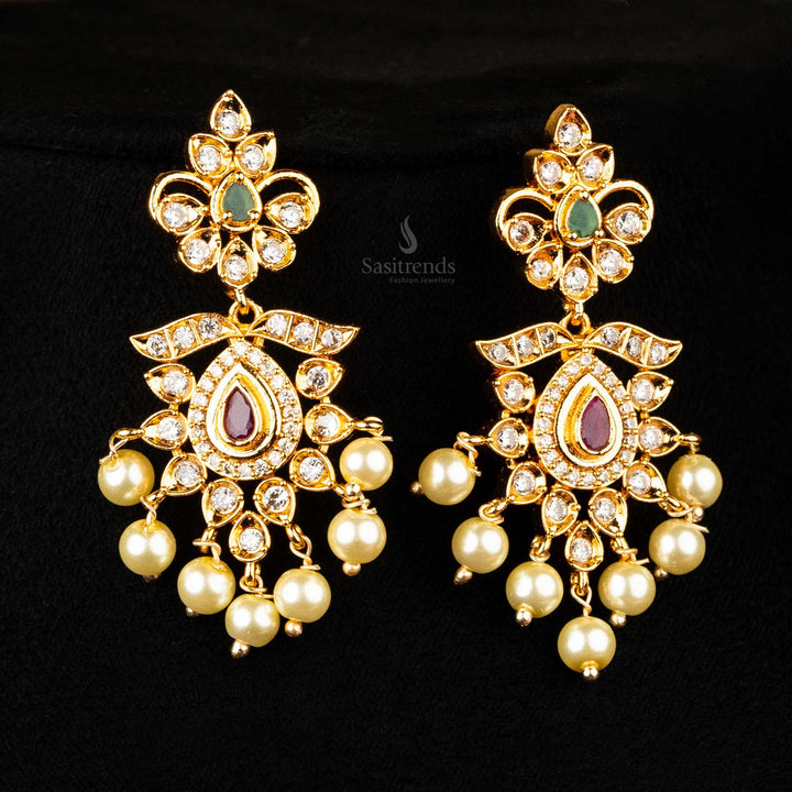 Stunning AD Stone earrings matching the floral necklace in chandelier style - Sasitrends