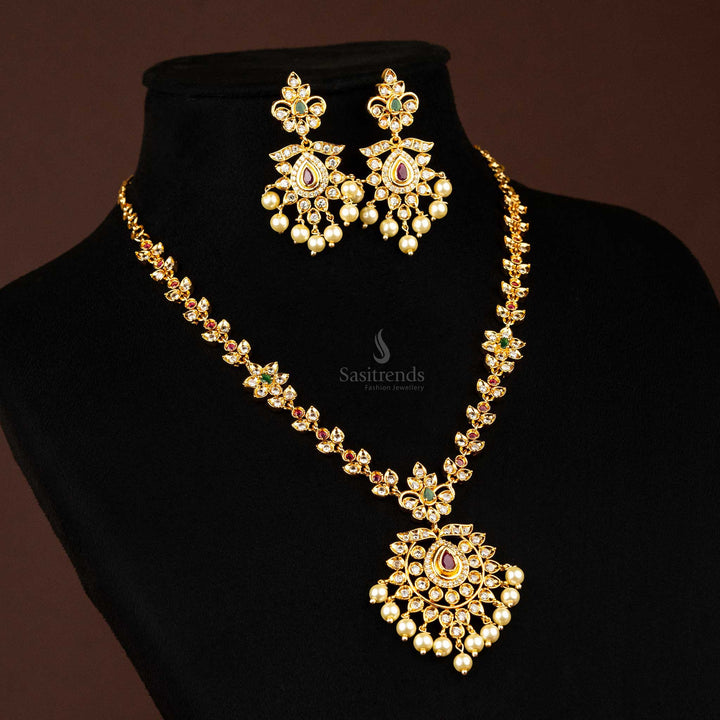 Traditional Floral AD Stone Necklace set with pearl accents and intricate design - Sasitrends