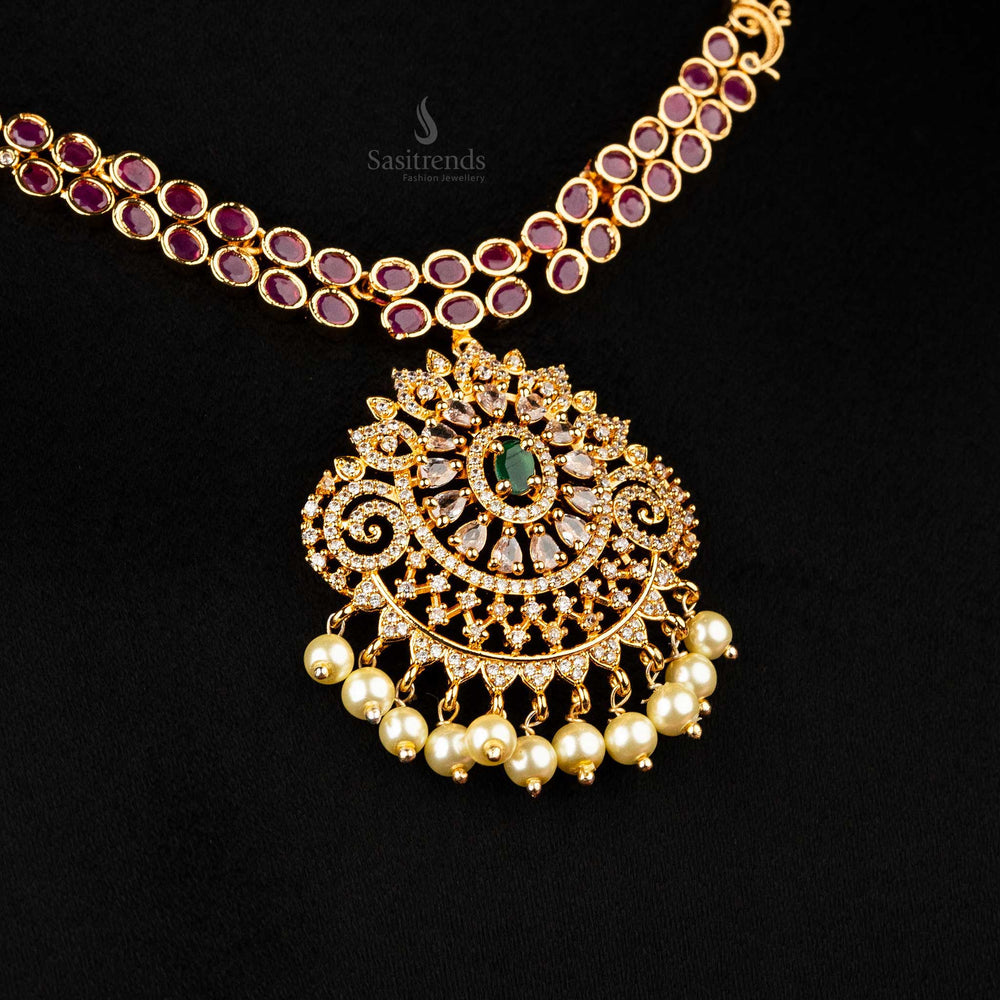 Intricate micro gold plated jewellery set with purple stones and pearls - Sasitrends