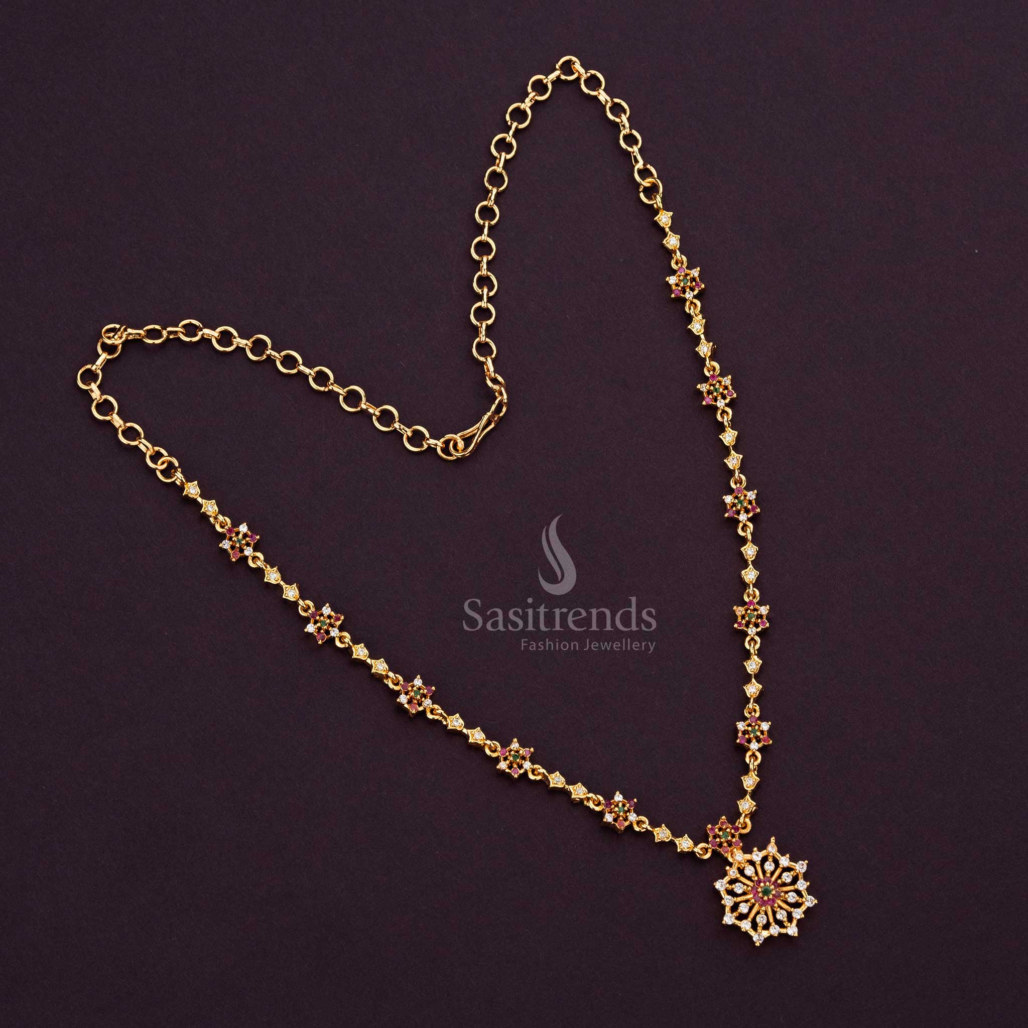 One gram micro gold-plated necklace set with American diamond flower pendant - Sasitrends