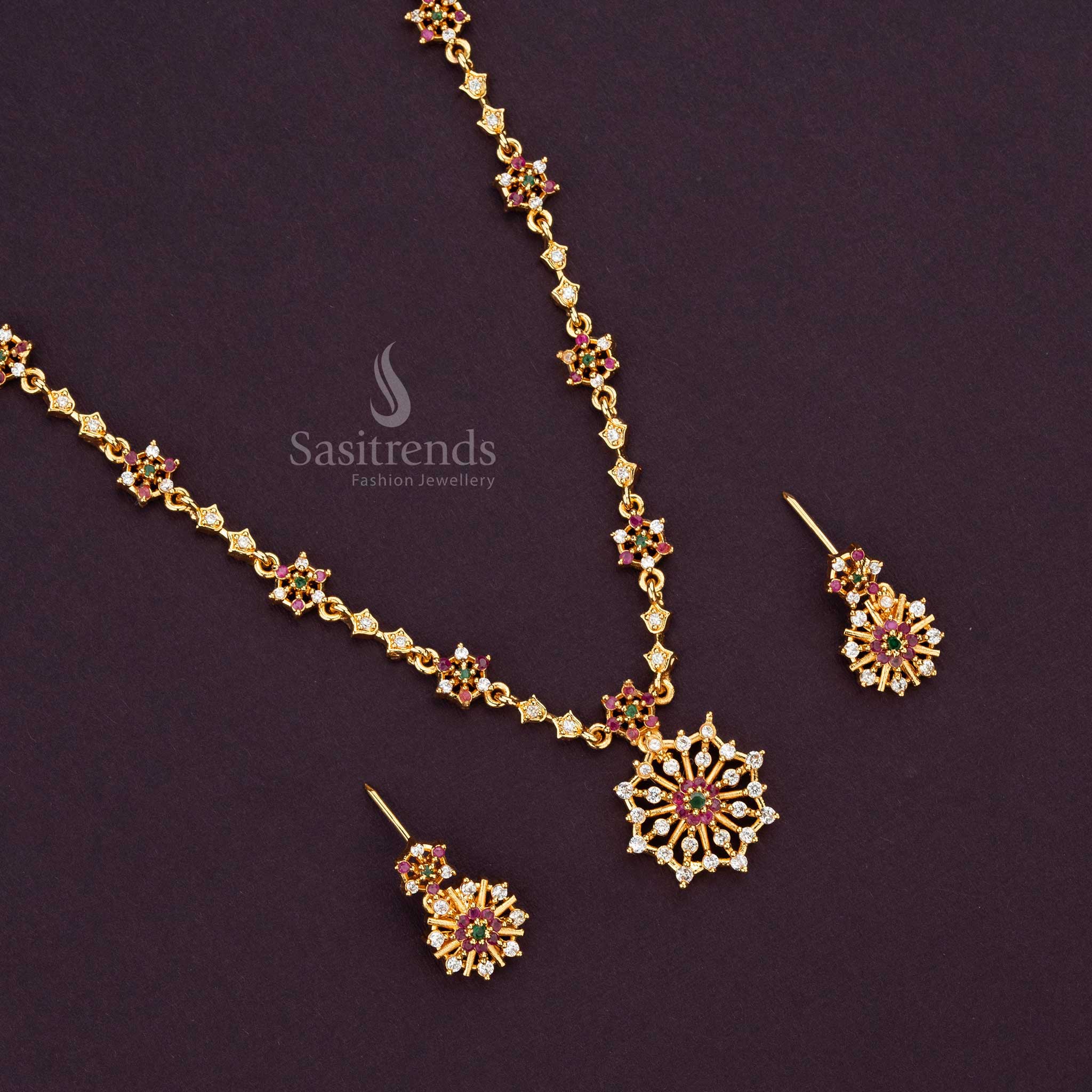 Close-up of American diamond flower pendant on gold-plated necklace - Sasitrends