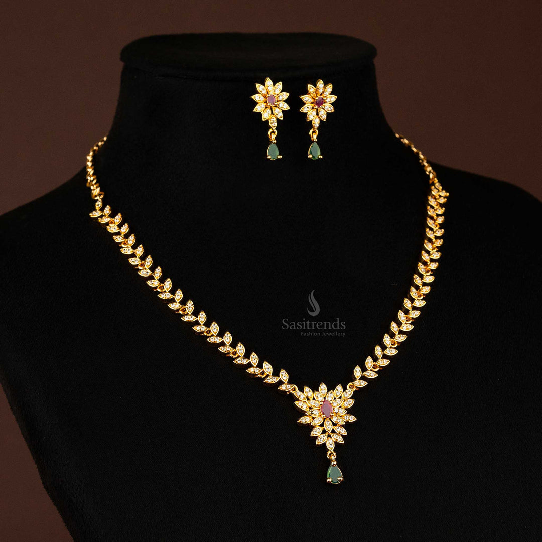 Floral motif micro gold-plated jewellery set with vibrant stones - Sasitrends