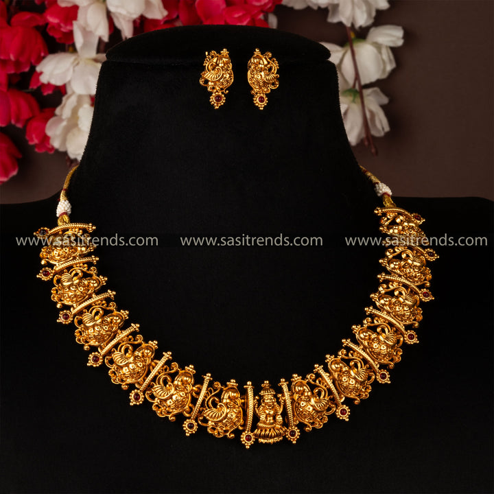 Temple Wear Classic Matt Gold Plated Lakshmi Peacock Ruby Choker Necklace Set