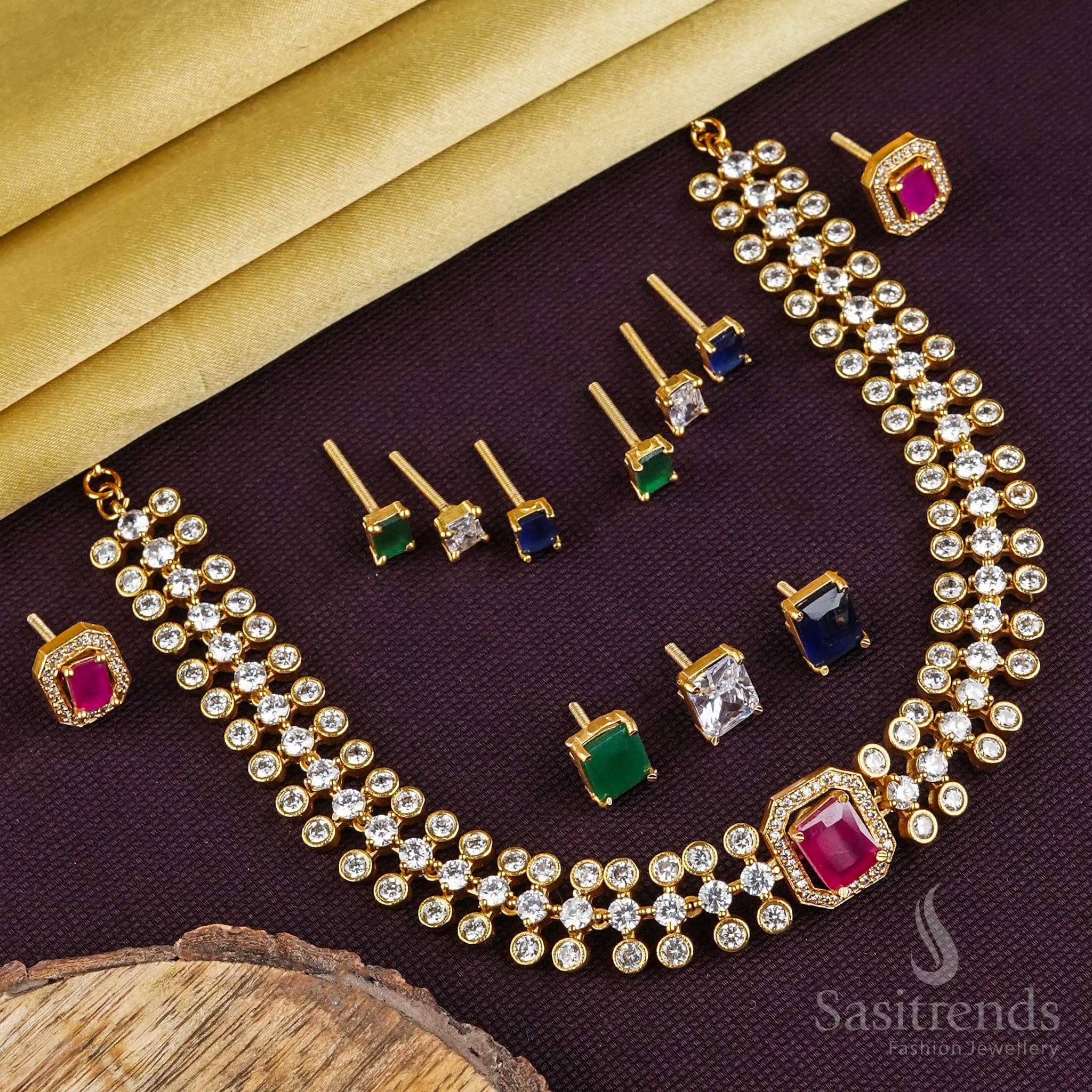 Interchangeable Square Stone American Diamond Matte Gold Tone Choker Set with Matt Gold Plating - Ruby, Green, White, and Blue Colors - Sasitrends