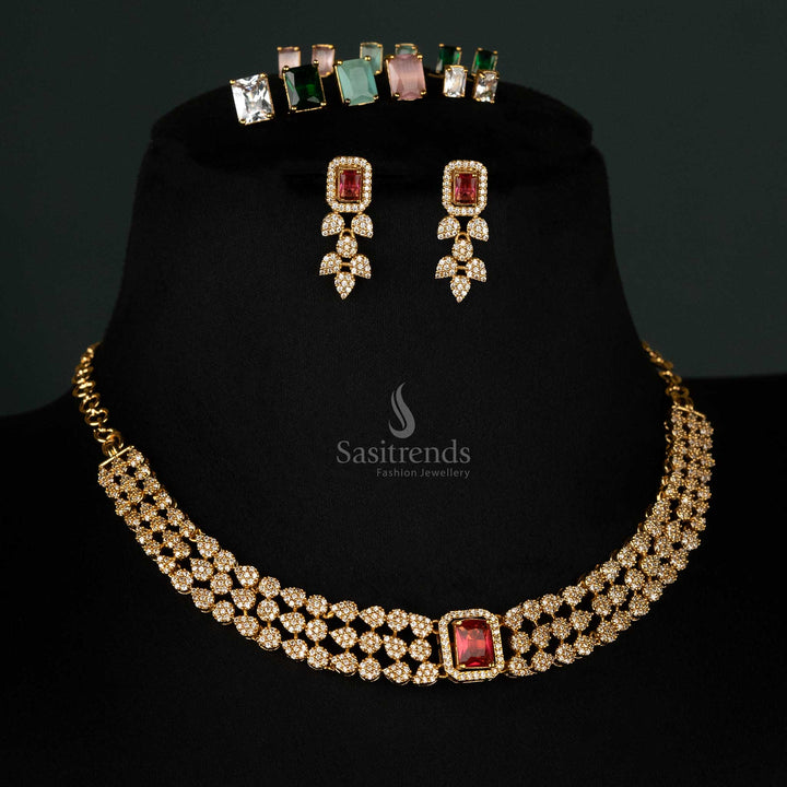 Eye Catching Three interconnected layers of shimmering American Diamond Matte Gold-Plated Choker Jewellery Set with Changeable Stones - Sasitrends