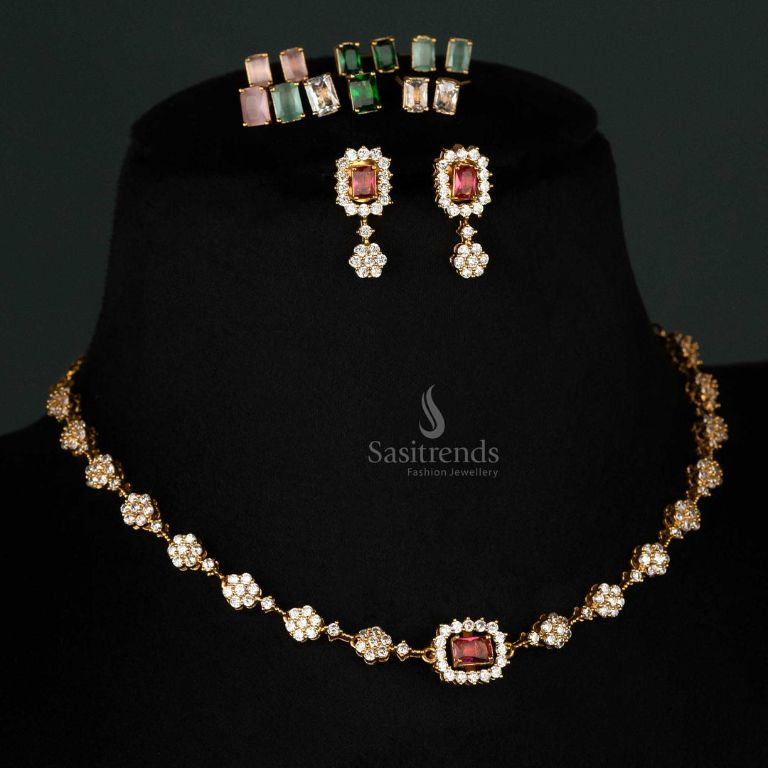 American diamond necklace set with floral motifs and matte gold plating - Sasitrends