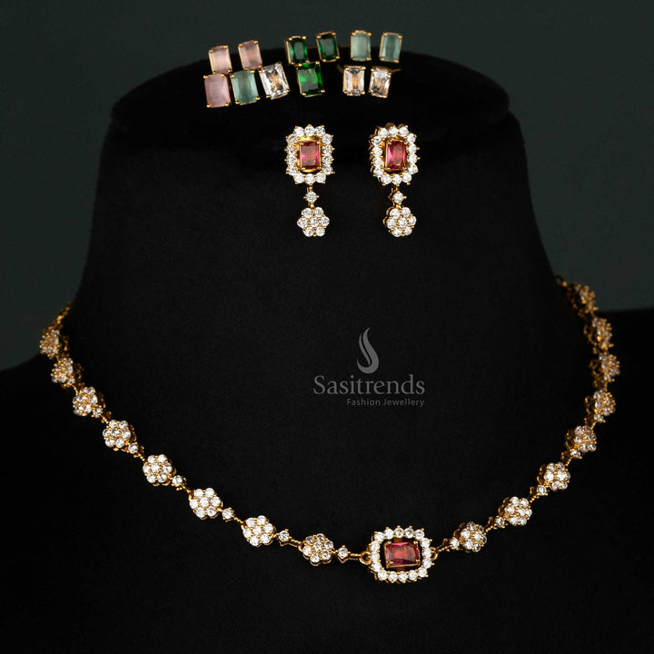 American diamond necklace set with floral motifs and matte gold plating - Sasitrends