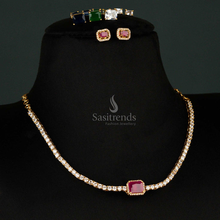 Wonderful American Diamond Matte Gold Plated Necklace Jewellery Set with Emerald-Cut Changeable Stones & Halo Pave Setting - Sasitrends