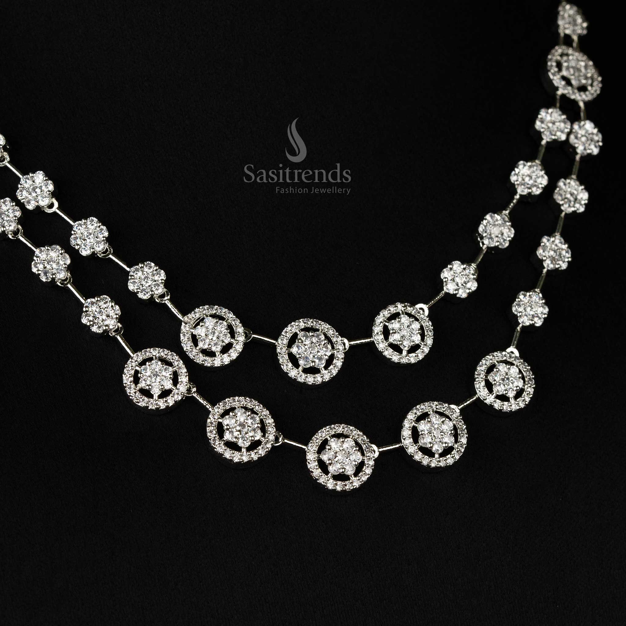 Shimmering rhodium-plated two-layered American diamond necklace set featuring circular design ideal for elegant occasions - Sasitrends