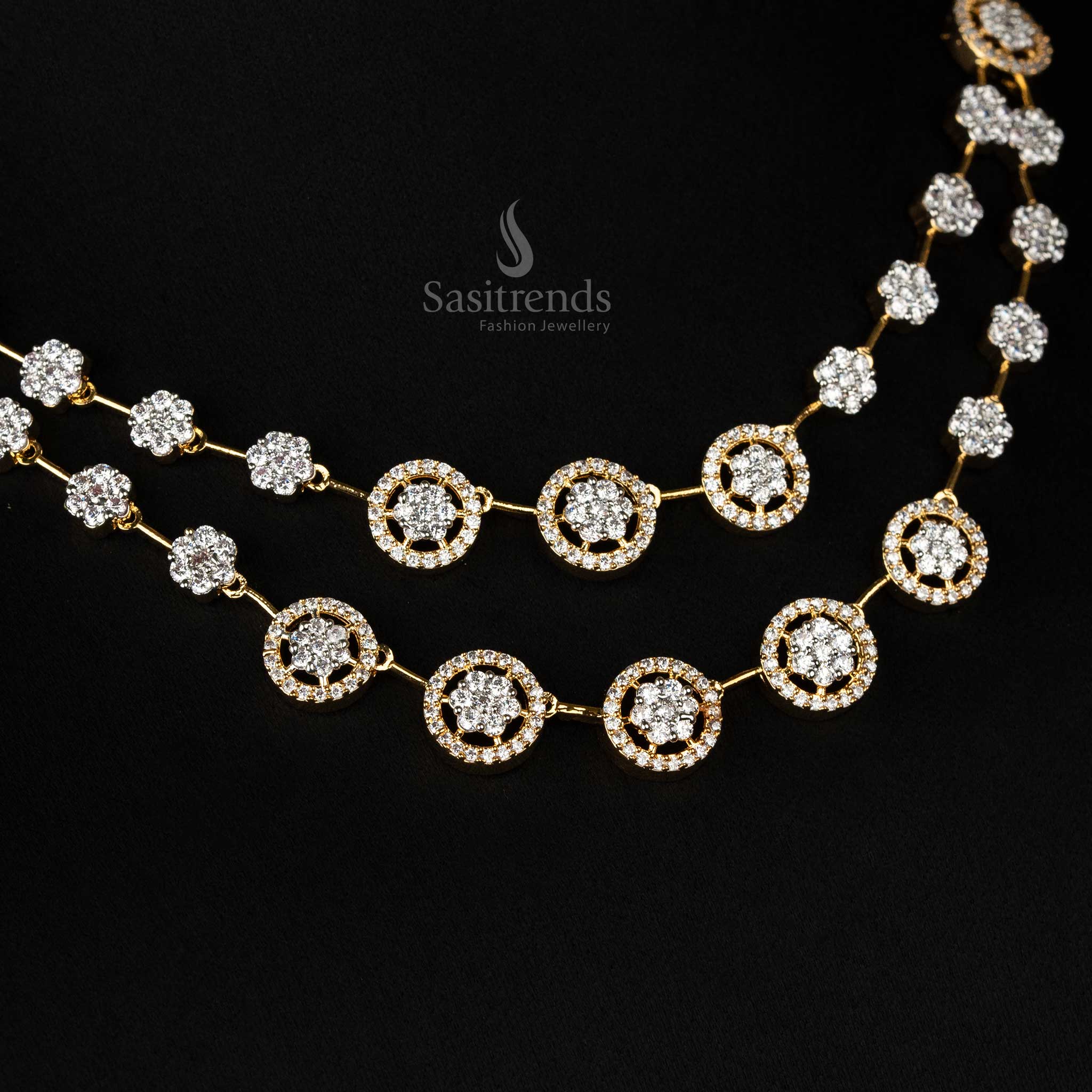 Majestic gold-plated two-layered circular motif American diamond necklace set with coordinated earrings, ideal for grand celebrations - Sasitrends