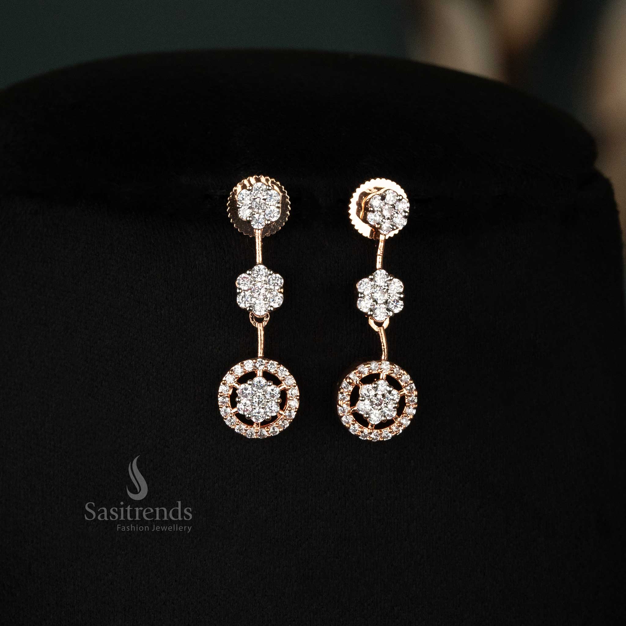 Elegant rose-gold plated two-layered American diamond necklace set with intricate circular motifs and matching earrings, perfect for weddings or evening wear- Sasitrends