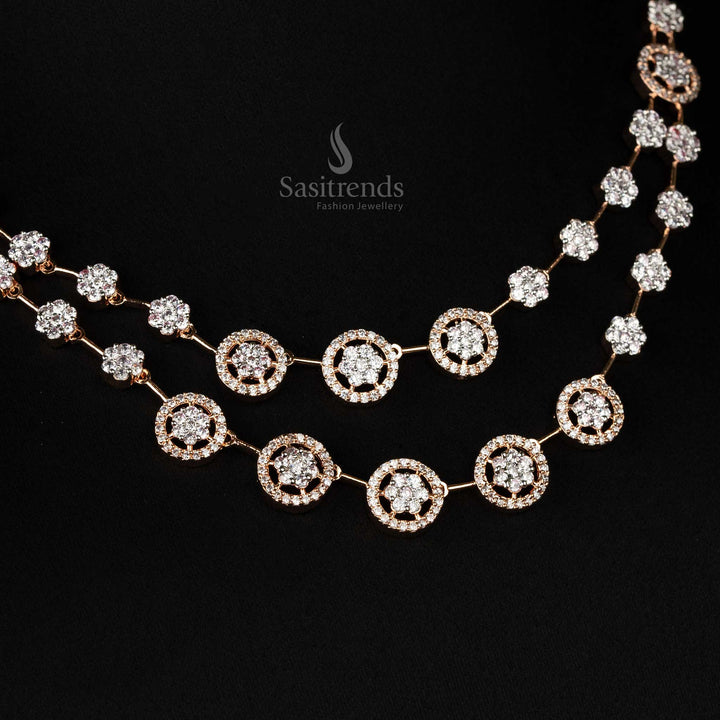 Luxurious rose-gold plated necklace set featuring a two-layered circular motif design with sparkling white American diamonds and coordinated earrings - Sasitrends