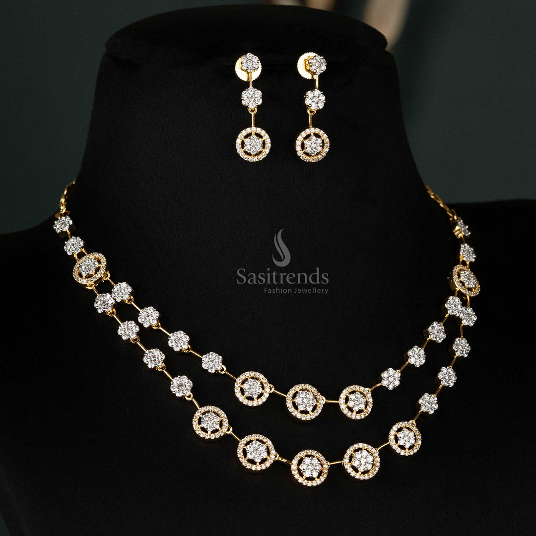 Regal gold-plated necklace set featuring a two-layered circular motif design adorned with white American diamonds and matching earrings - Sasitrends