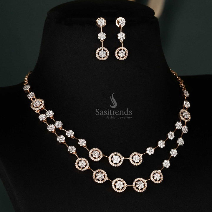 Radiant rose-gold plated two-layered circular motif American diamond necklace set paired with matching earrings for formal occasions - Sasitrends