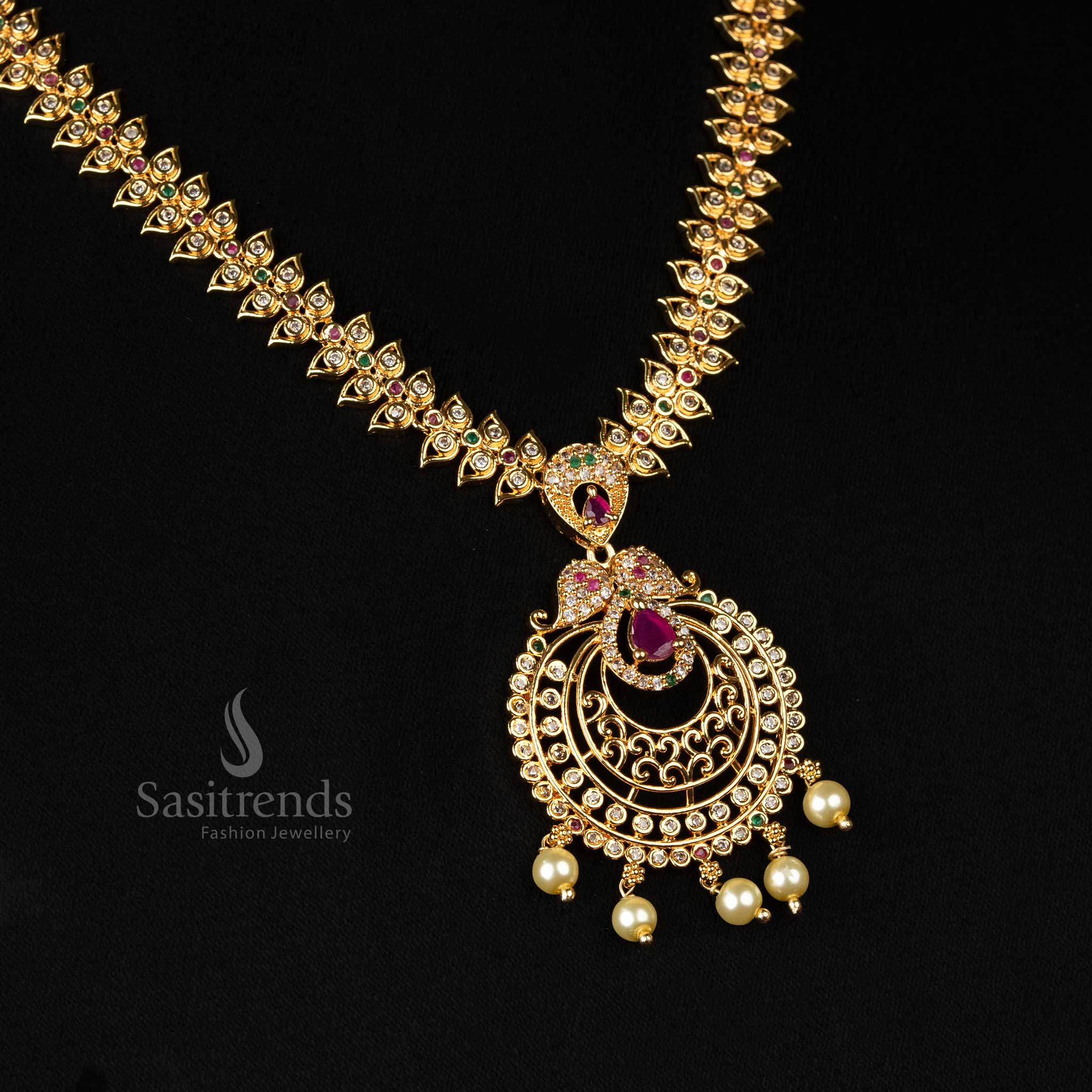 24-carat pure gold plated American Diamond jewellery set with elegant floral detailing and pearl embellishments, look like real gold - Sasitrends