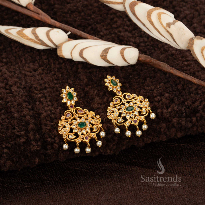 Elegant American diamond matte gold-plated earrings with a floral design, adorned with pearls - Sasitrends