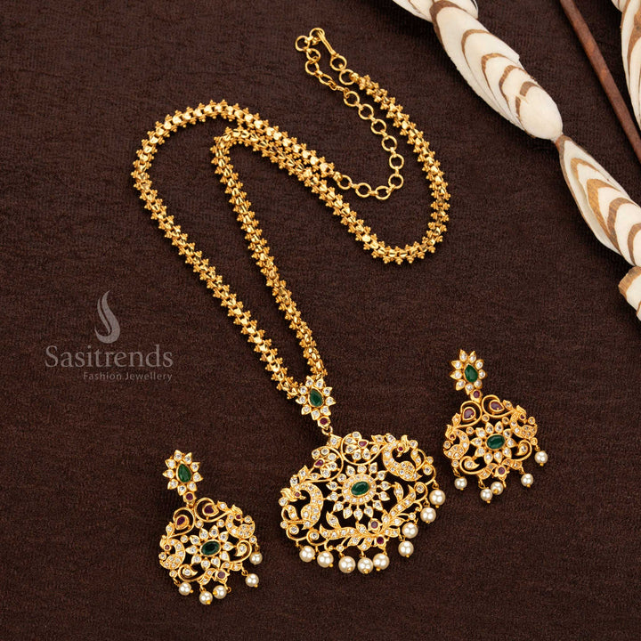 Trendy Temple Matte Gold Plated Floral Peacock Pendant American Diamond Long Jewellery Set for Women | Sasitrends