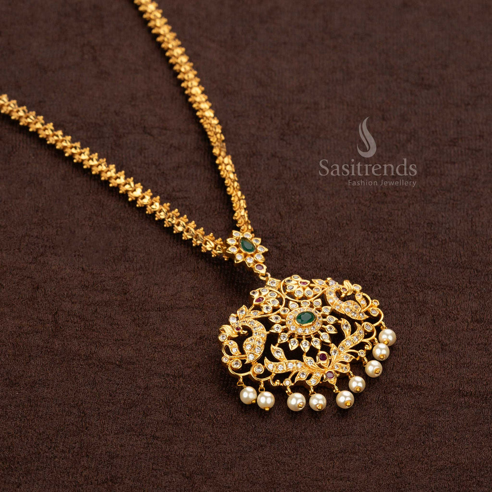 Temple inspired long jewelry set with matte gold plating, floral peacock pendant, and sparkling American diamonds for women - Sasitrends