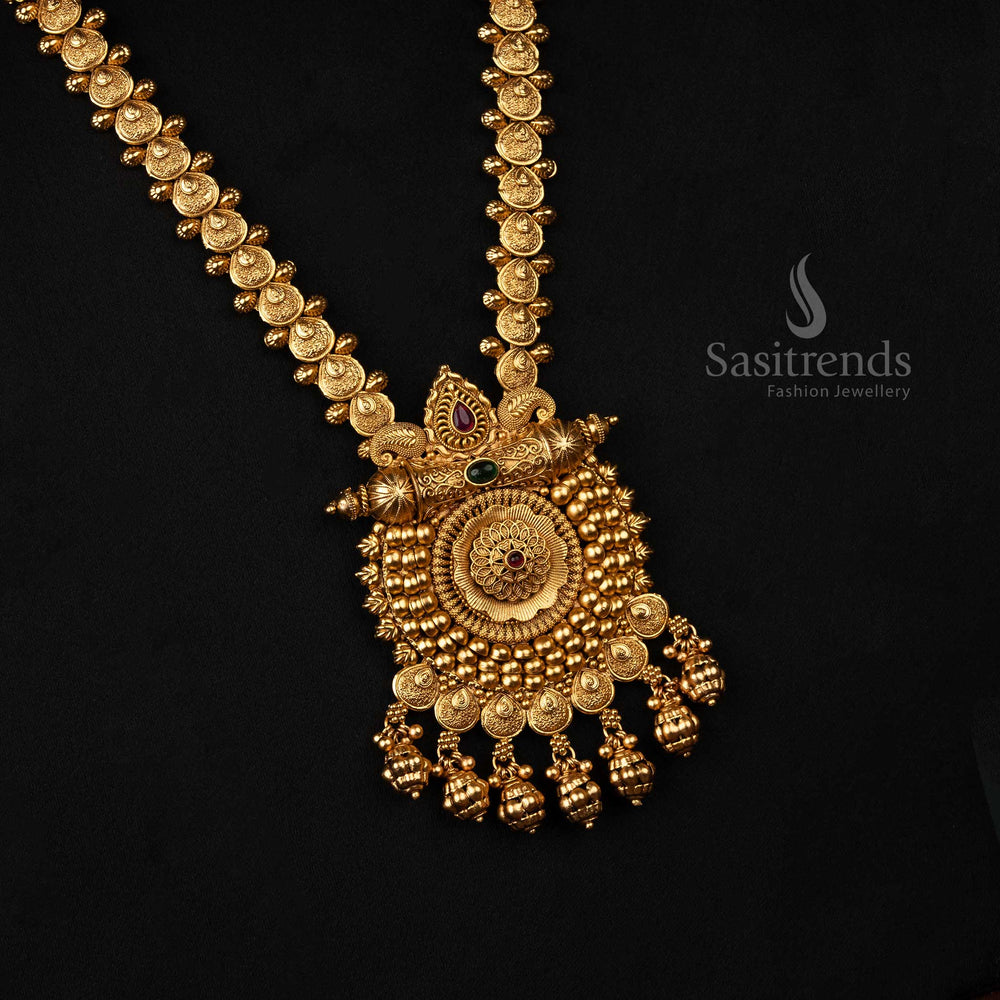 Royal antique gold plated long necklace set featuring exquisite ruby-green stones, intricate temple-inspired craftsmanship - Sasitrends