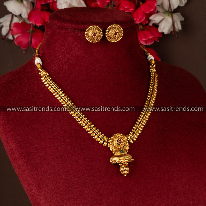 Traditional antique gold plated necklace set with premium stones and bell pendant Sasitrends Online