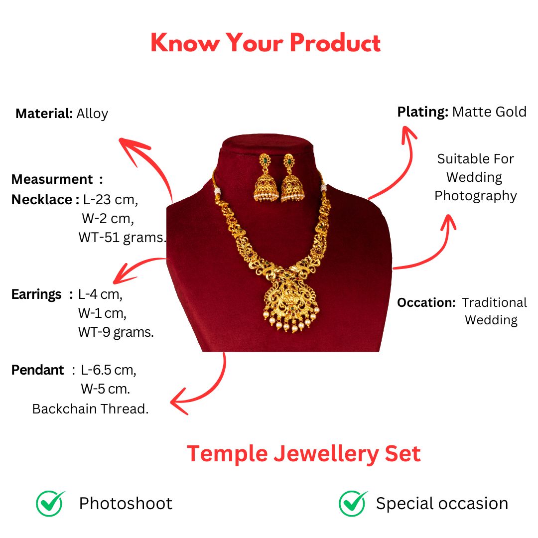 Classic Traditional Matt Gold Plated Lakshmi Pendant Necklace Jewellery Set with Matching Flower Jhumka - Sasitrends