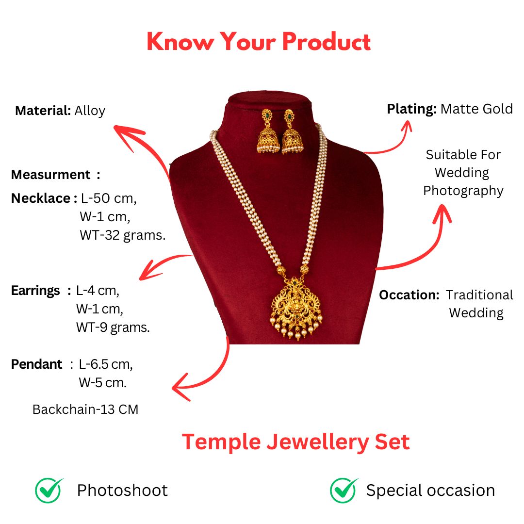 Beautiful Lakshmi Pendant Necklace Jewellery Set in Matt Gold with Jhumka - Classic Style - Sasitrends