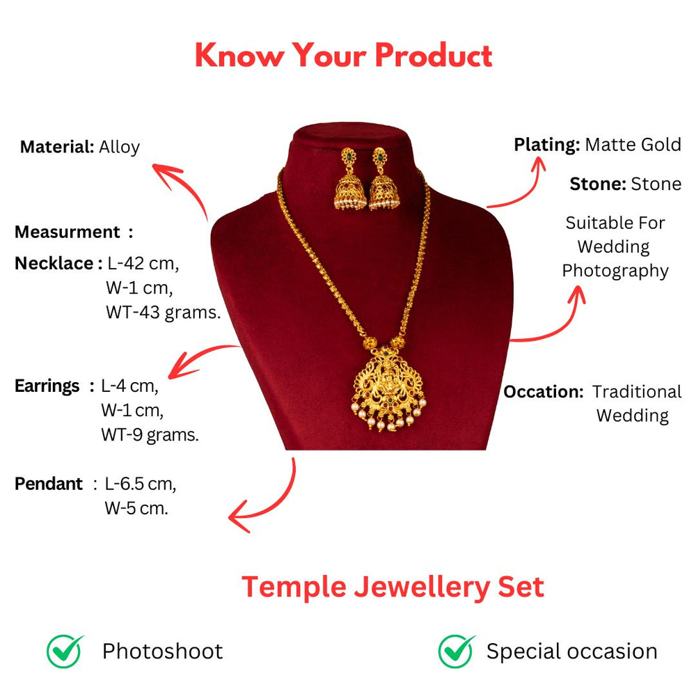 Elegant Classic Matt Gold Lakshmi Pendant Necklace Jewellery Set with Flower Jhumka - Sasitrends