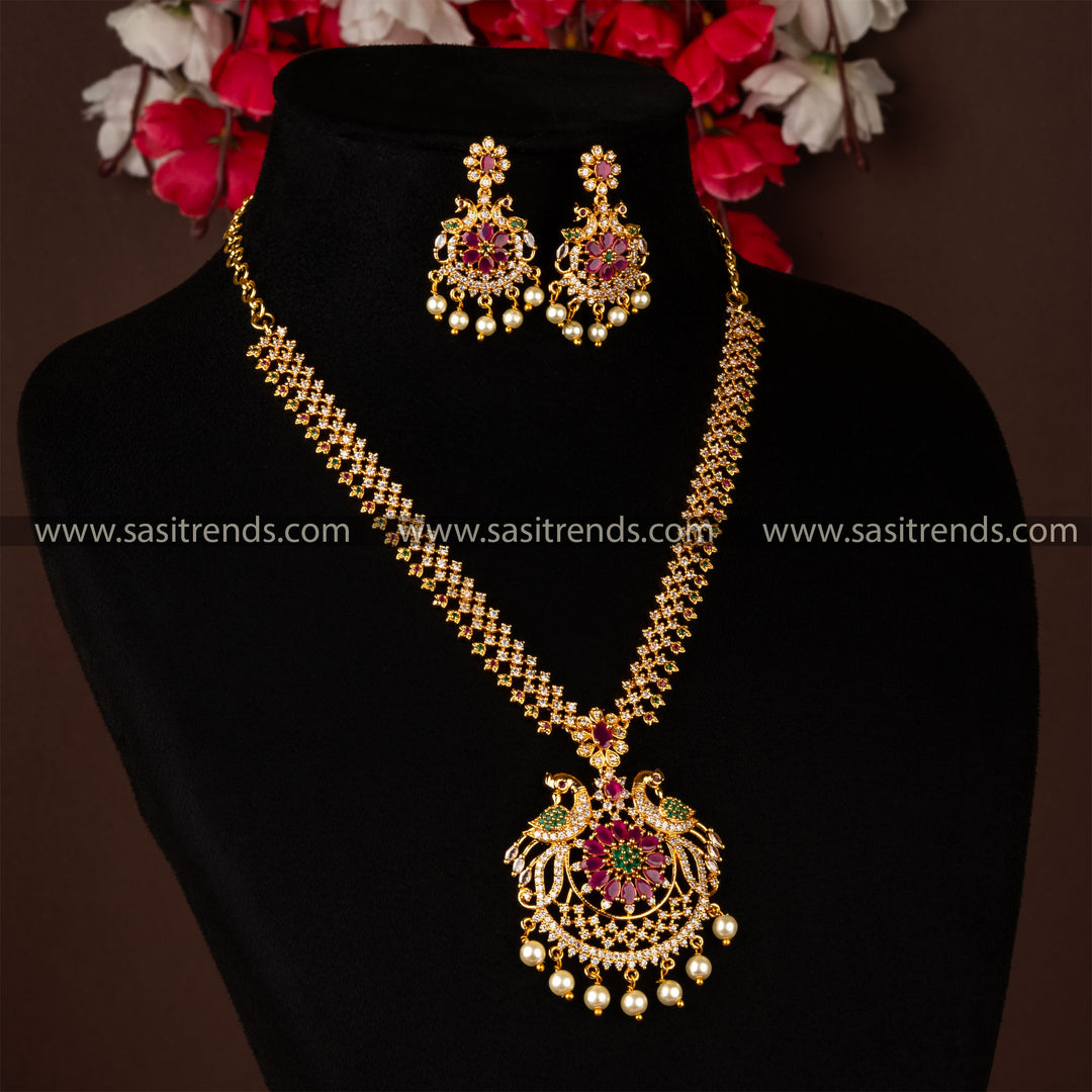 Elegant Micro Gold Plated Peacock Pendant Set with Earrings Jewellery Set