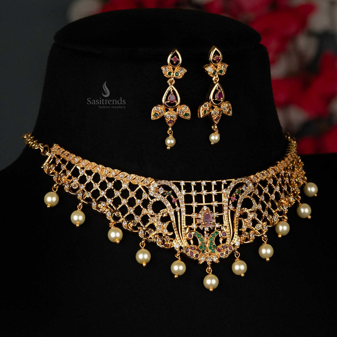 American diamond micro gold plated choker with pearl hangings sasitrends