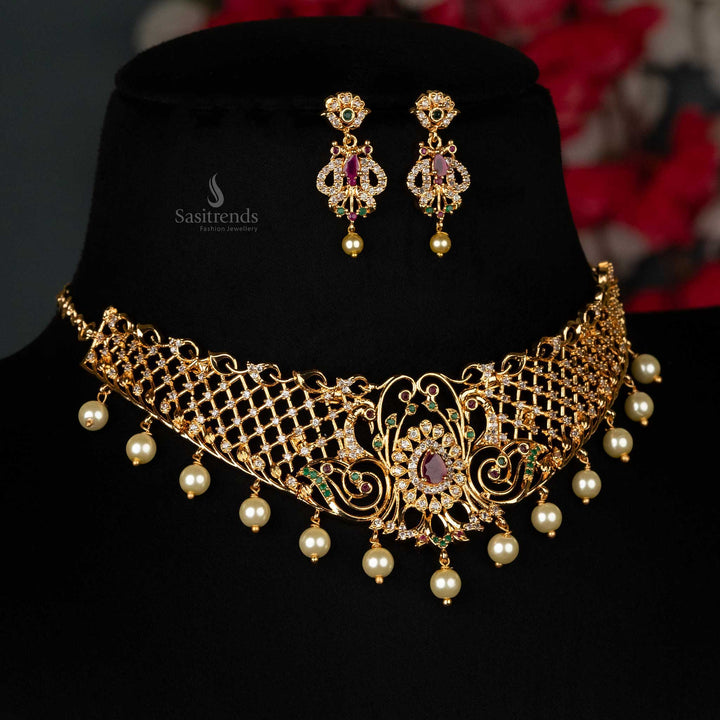 Elegant micro gold plated choker set with pearls and American diamonds jewellery set