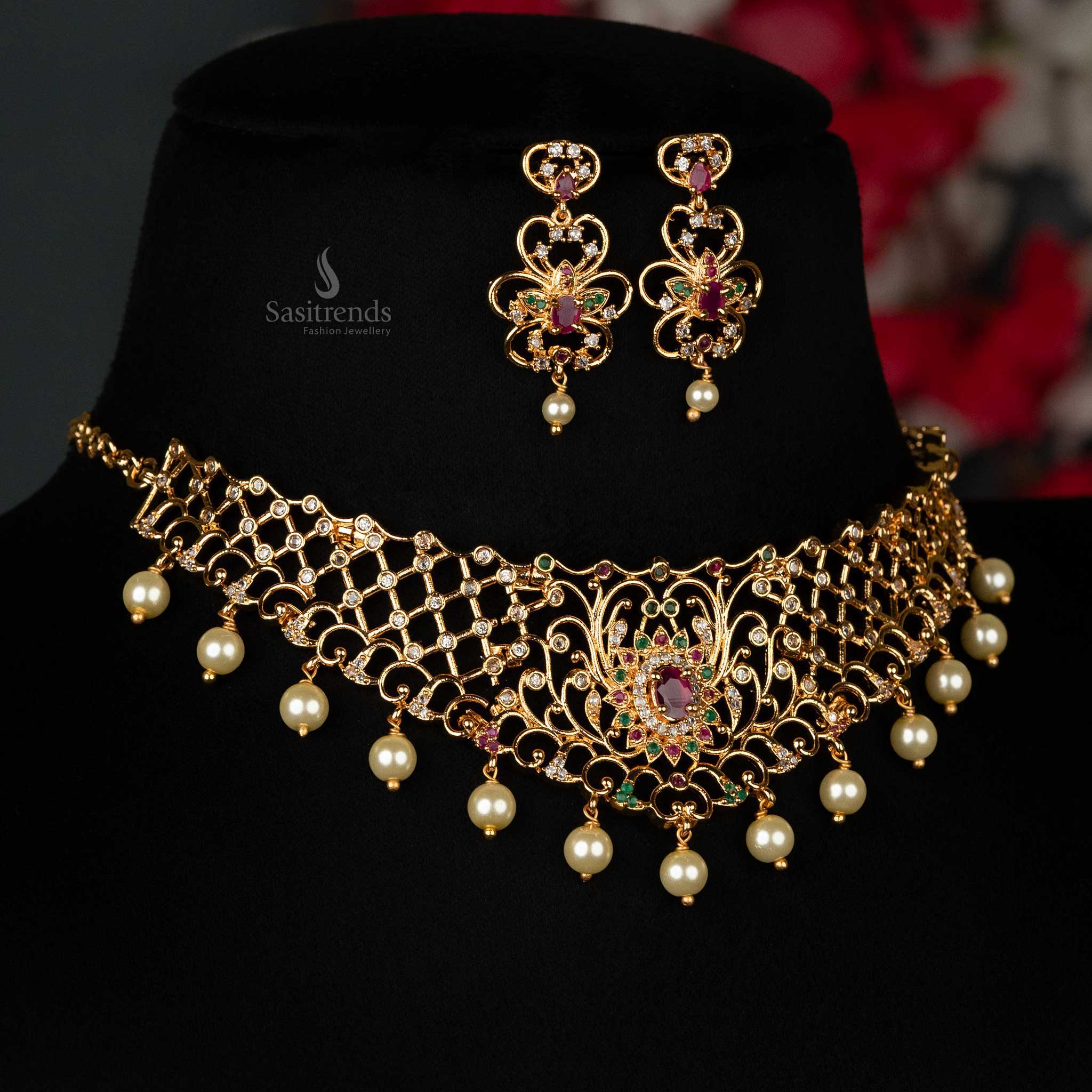 Floral motif American diamond choker with pearl hangings jewellery set
