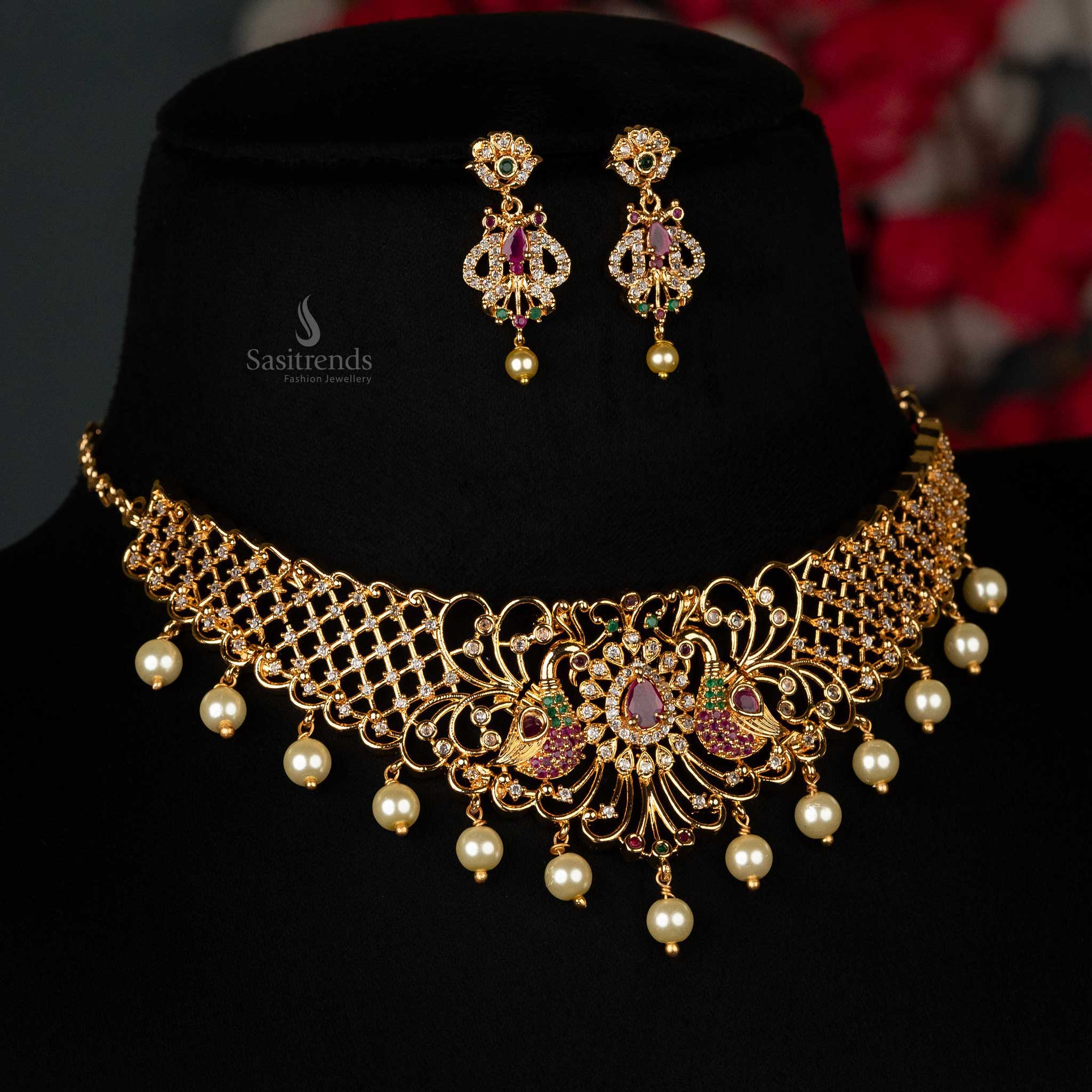 Traditional micro gold peacock designer bridal choker set with AD stones