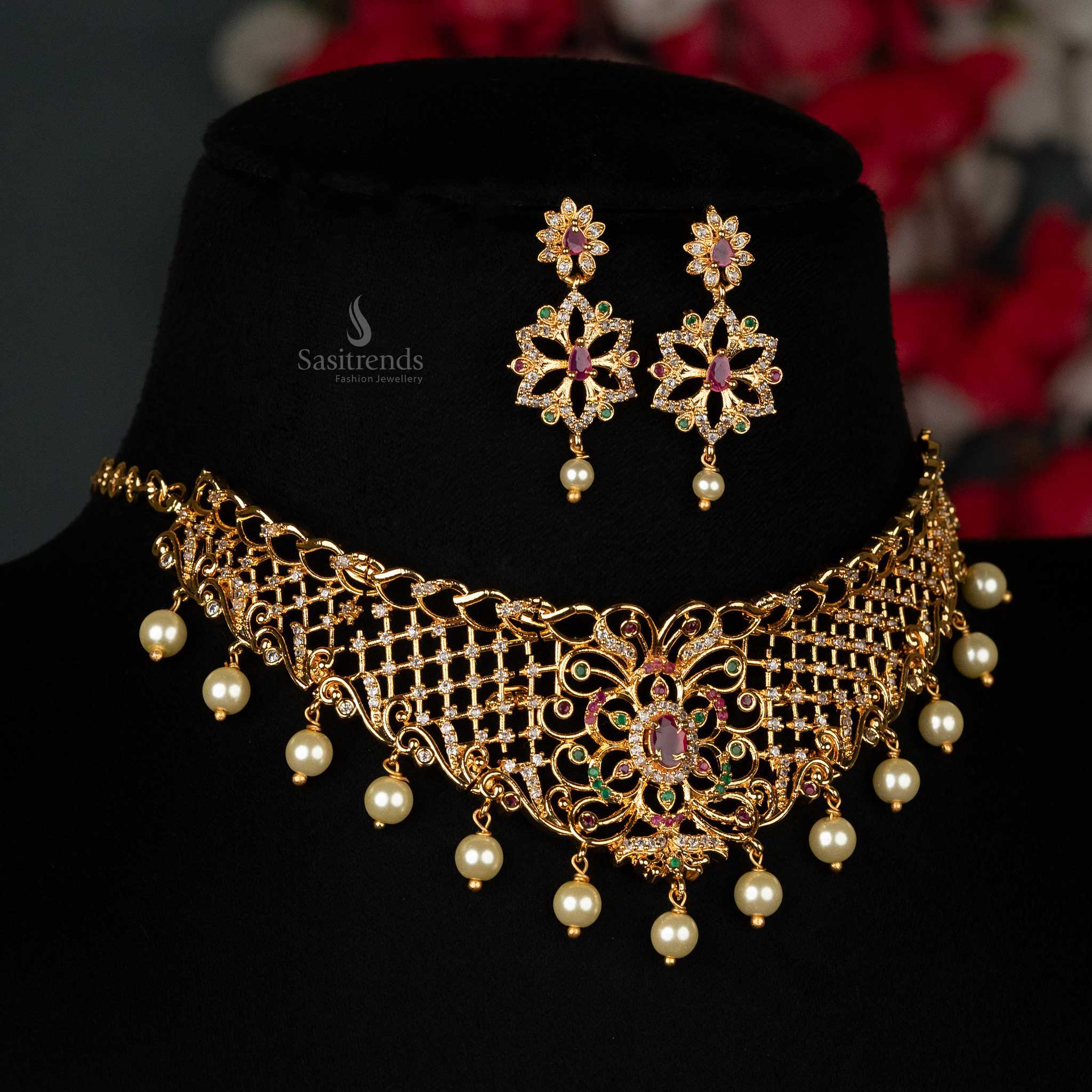 American diamond  floral designer choker with ruby stones and pearls sasitrends