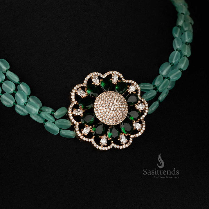 Majestic green choker necklace with four Monalisa stone lines, a rose gold-plated floral pendant, and dazzling diamond embellishments - Sasitrends