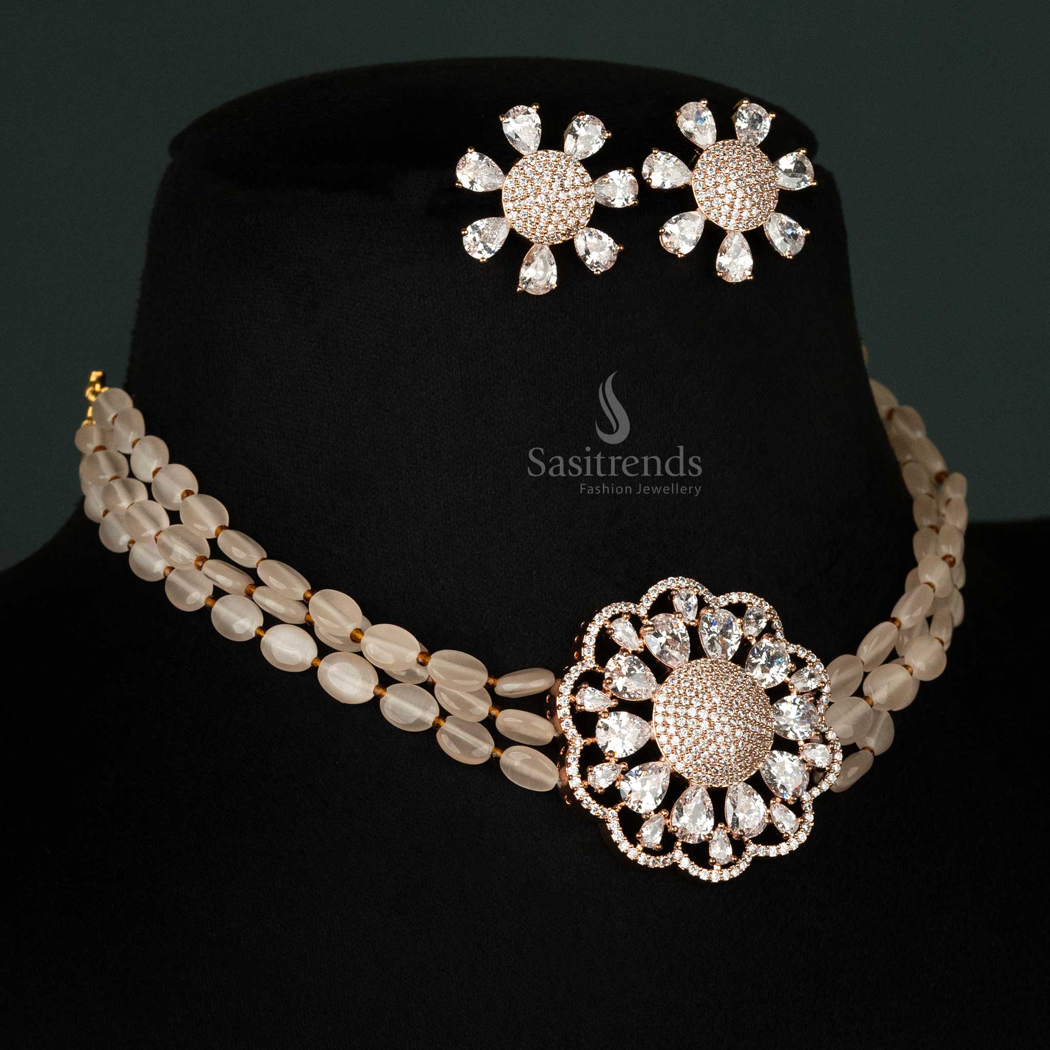 Elegant white choker necklace set in rose gold plating, featuring a floral pendant and sparkling American diamond accents for formal events - Sasitrends