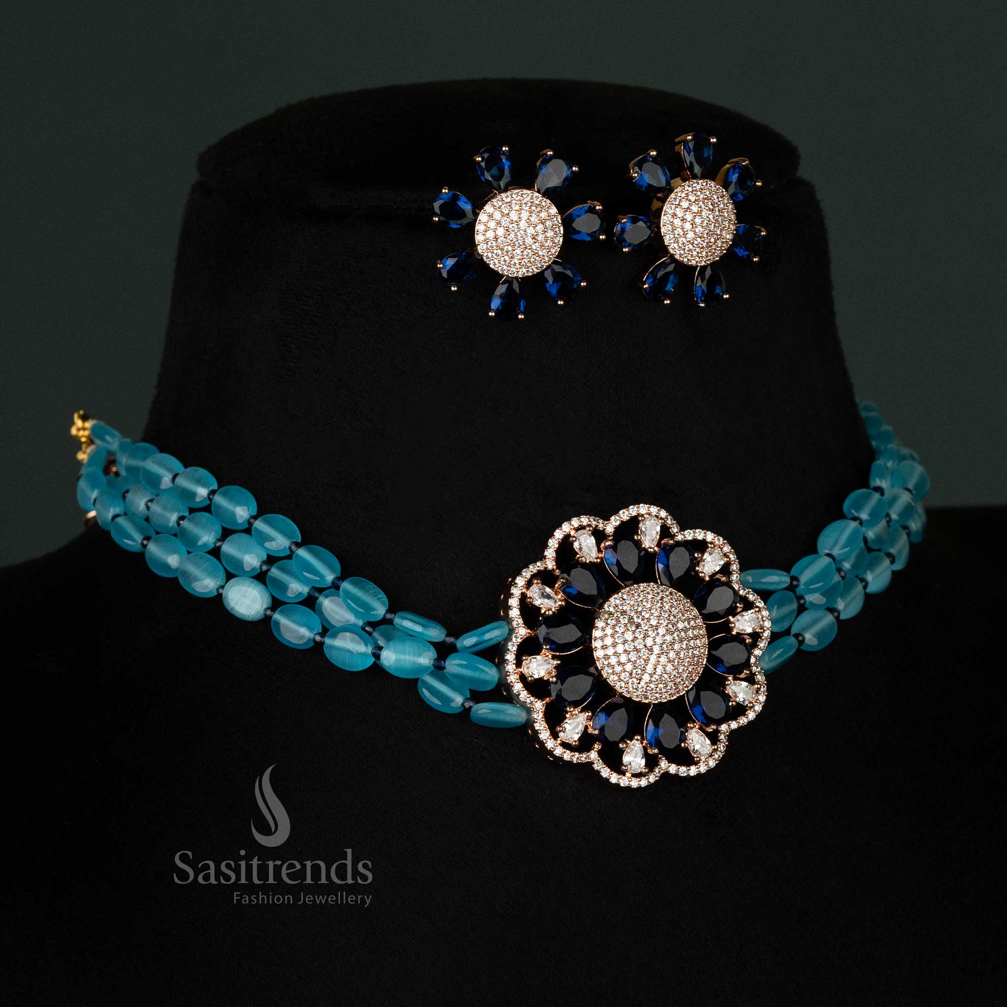 Serene blue Monalisa stone choker with rose gold-plated floral pendant and dazzling American diamonds for chic party wear - Sasitrends