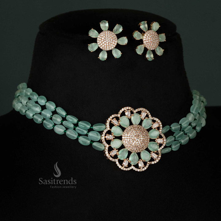 Sophisticated mint choker necklace set featuring four-lined Monalisa stones, a rose gold-plated floral pendant, and dazzling diamonds - Sasitrends