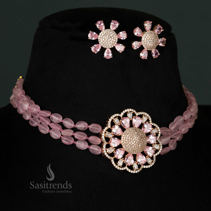 Stunning pink choker necklace set featuring a rose gold-plated floral pendant, American diamonds, and four-lined Monalisa stones for parties - Sasitrends