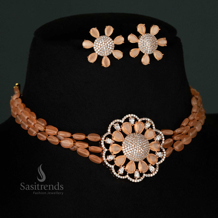 Gorgeous peach choker necklace set featuring four Monalisa stone lines, rose gold floral pendant, and American diamond accents for timeless charm - Sasitrends