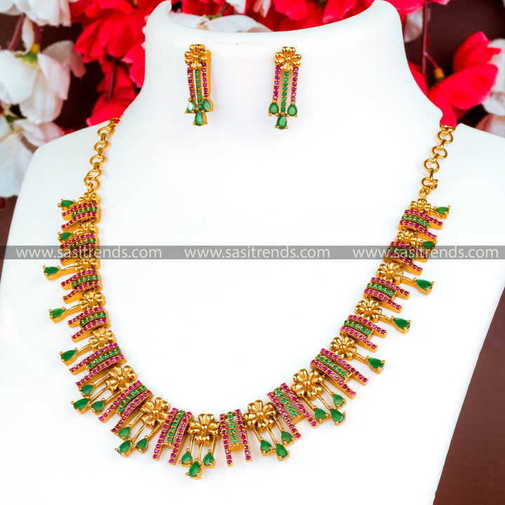 Traditional Matt Temple Wear Floral Ruby Green Necklace Earrings Jewellery Set