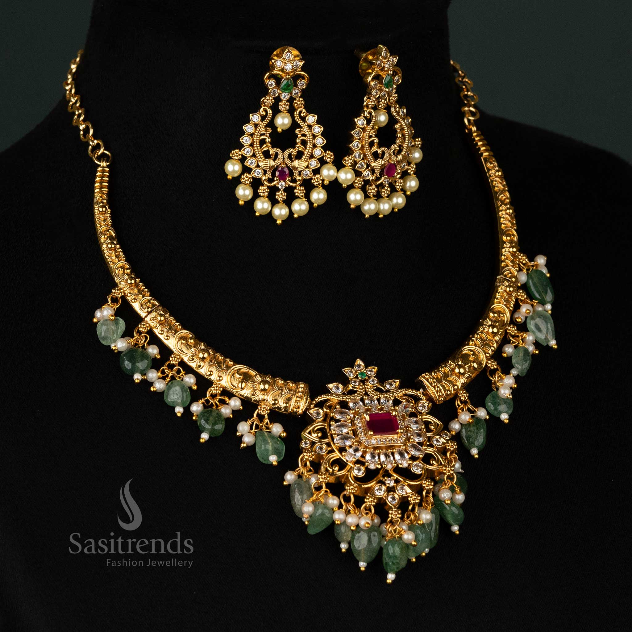 Traditional handcrafted temple necklace set with ornate detailing, AD stones, and beaded embellishments – Sasitrends