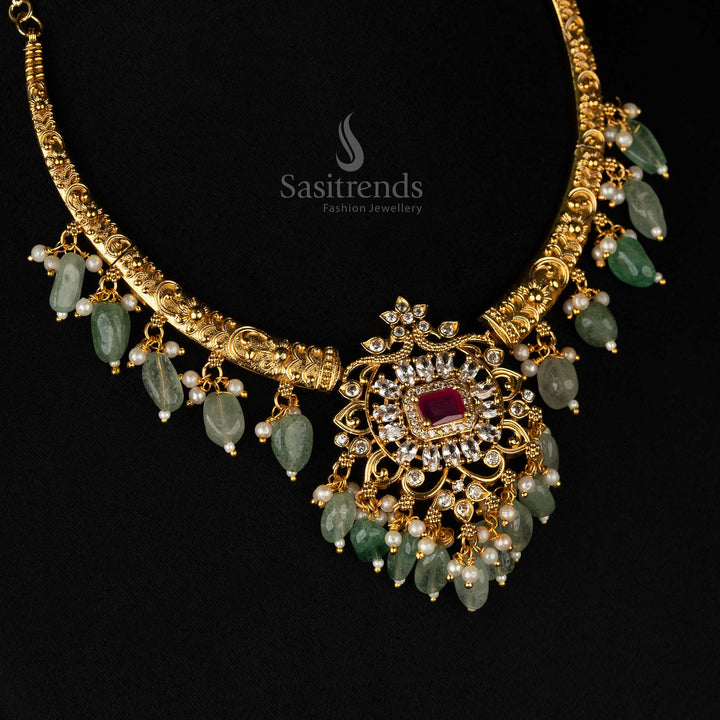 Elegant matte gold plated temple jewellery set with structured choker design and chandbali earrings – Sasitrends