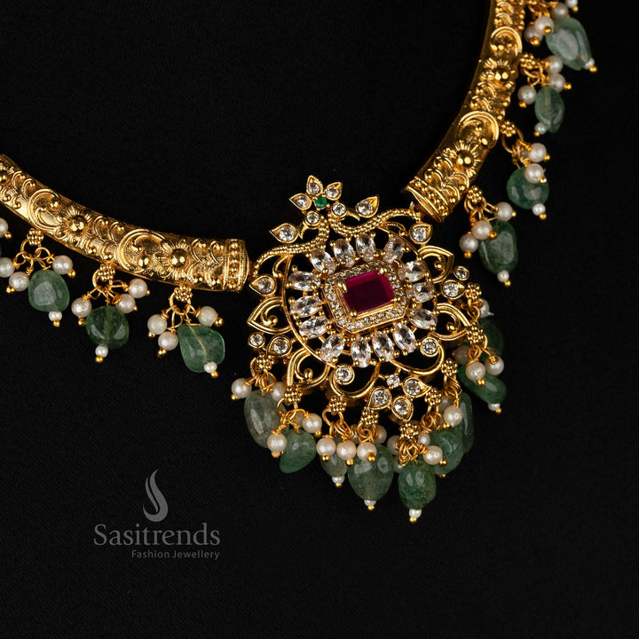 Elegant matte gold plated temple jewellery set with structured choker design and chandbali earrings – Sasitrends