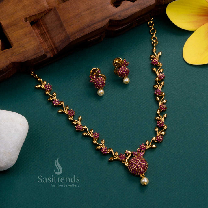 Stunning matte gold-plated peacock feather jewellery set, beautifully studded with deep ruby American diamond stones - Sasitrends