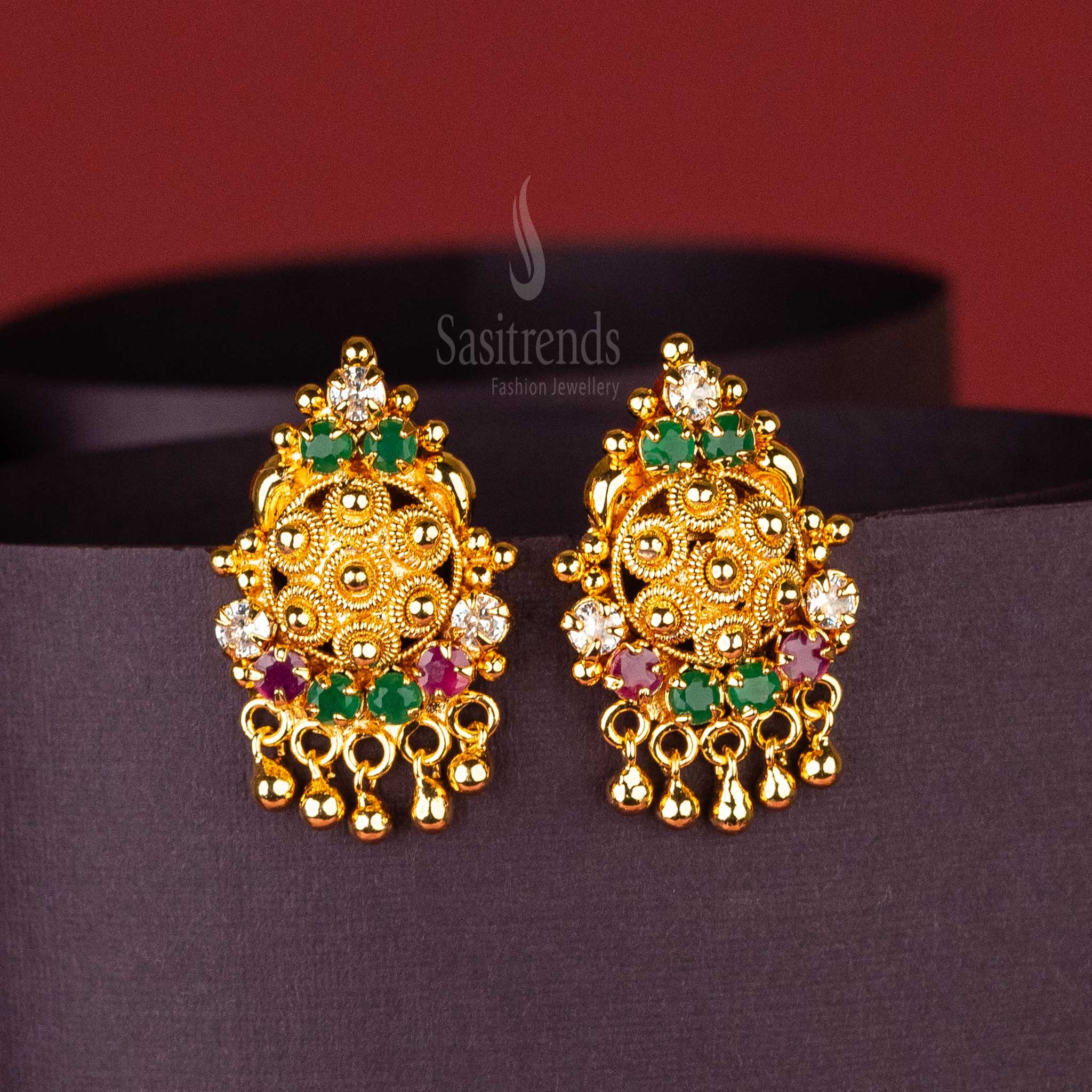 Multi-color floral stud earrings with AD stones, guaranteed gold plated